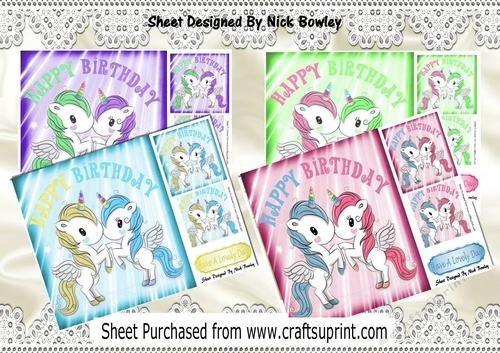  4 Cute coloured unicorns card fronts 8x8 mini kit