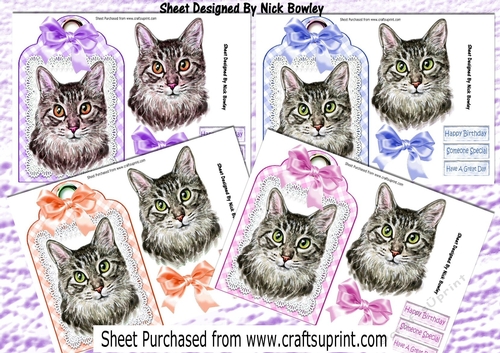  4 Pretty cats with bows on lace tags toppers