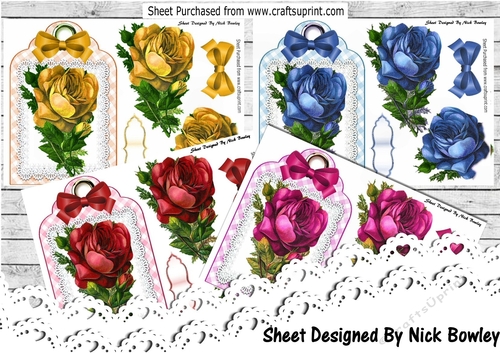  4 Pretty vintage roses and bows card fronts on lace tag/toppers mini kit
