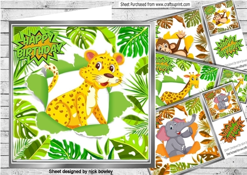 4 jungle animal card fronts in a  leaf frame 8x8 mini kit
