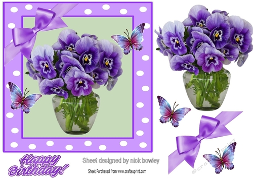 Pretty purple pansies in a vase in 7x7 polkadot frame