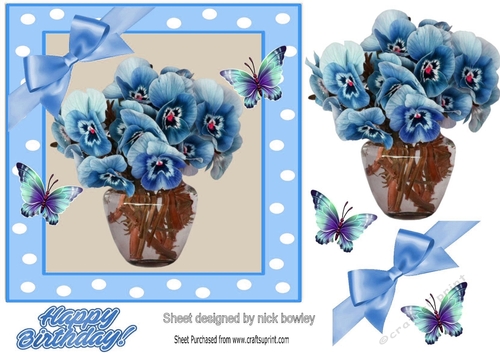Pretty blue pansies in a vase in 7x7 polkadot frame
