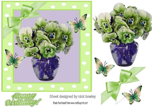 Pretty green pansies in a vase in 7x7 polkadot frame