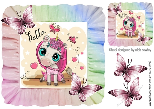 pretty water colour unicorn in rainbow frame 8x8