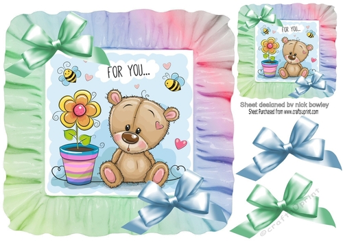 pretty teddy with a flower pot in rainbow 8x8 frame 