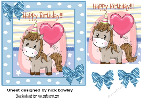 Cute pony in party hat in blue polkadot frame 7x7