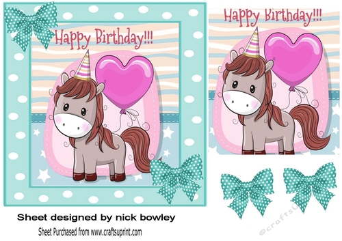 Cute pony in party hat in turq polkadot frame 7x7
