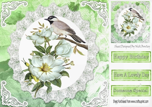Pretty bird on a branch with flowers and lace 8x8