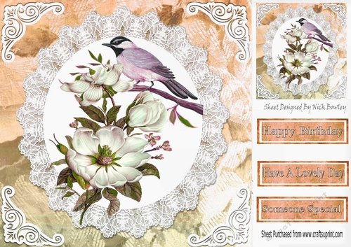 Pretty bird on a branch with flowers and lace peach 8x8
