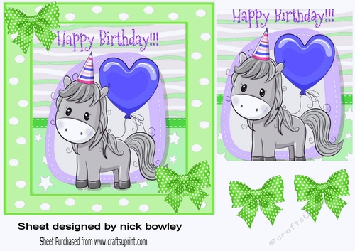 Cute pony in party hat in green polkadot frame 7x7