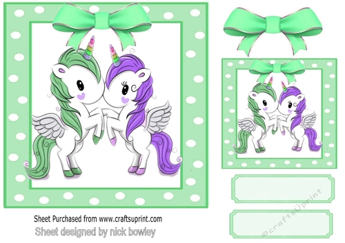 Cute unicorns in green/purple polkadot 7x7 frame