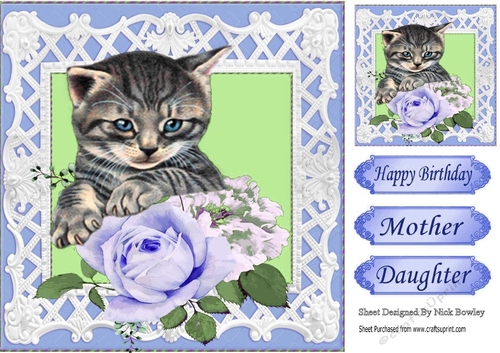 Pretty blue roses with kitten in  lattice 8x8 frame