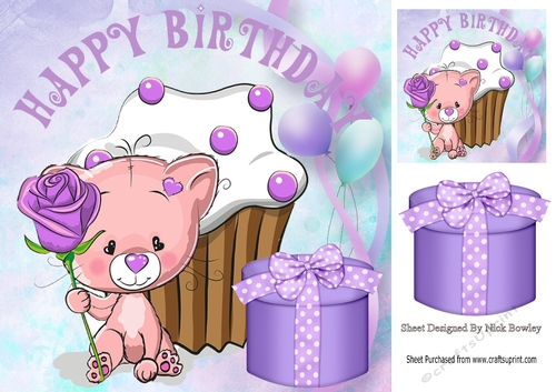 Cute kitty with purple rose and present & balloons 8x8