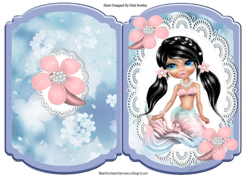Beautiful Mermaid with pink flowers on lace blue bracket card