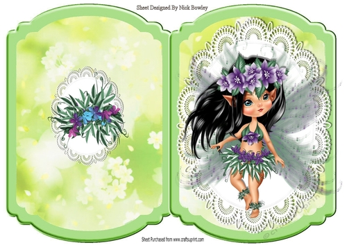 Pretty faerie with flowers on green lace bracket card