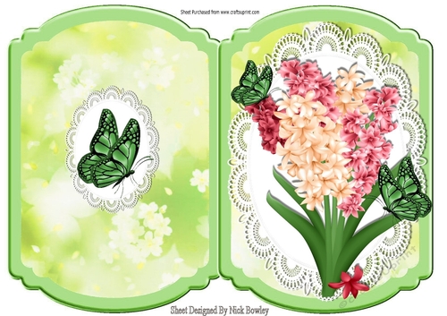 Pretty Hyacinth with butterflies on lace green bracket card