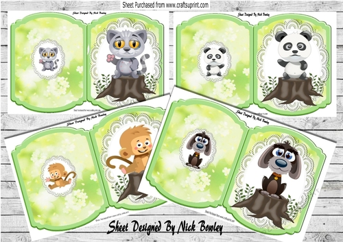 4 Cute Animals on logs  on lace bracket card