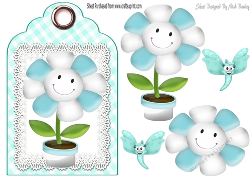 Cute toony face flower on lace turq tag/topper
