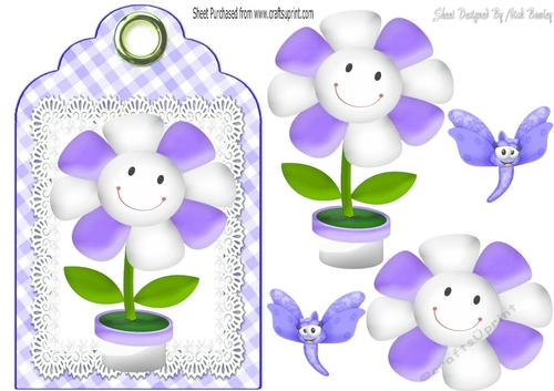 Cute toony face flower on lace purple tag/topper