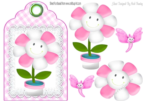 Cute toony face flower on lace pink tag/topper