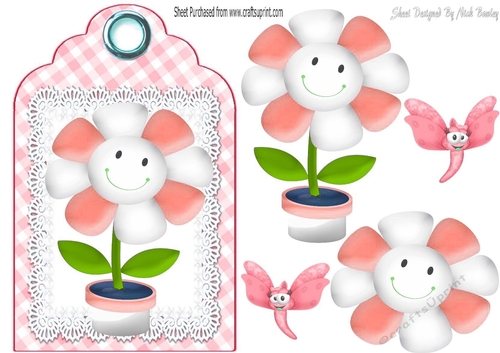 Cute toony face flower on lace peach tag/topper