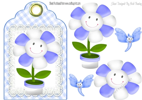 Cute toony face flower on lace blue tag/topper