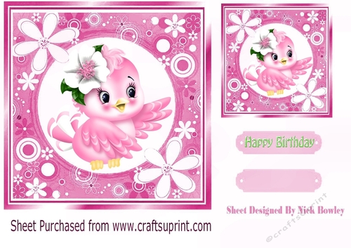 Sweet little bird in pink floral frame 7x7