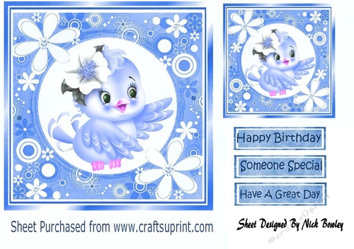 Sweet little bird in blue floral frame 7x7
