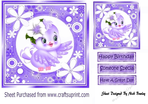 Sweet little bird in purple floral frame 7x7