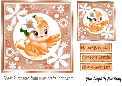 Sweet little orange bird in floral frame 7x7