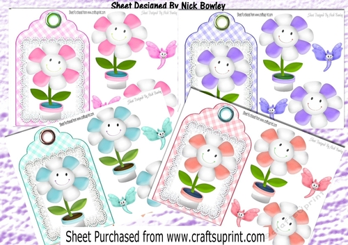  4 Cute smily face flowers on lace tag/topper mini kits