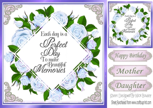 Pretty blue roses diamond frame with ornate corners 8x8