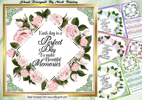  4 Pretty roses in diamond frames with ornate corners card fronts 8x8 mini kit