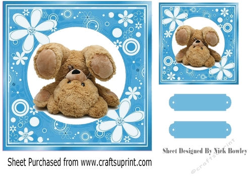 Blue floral frame with upside down bear 7x7