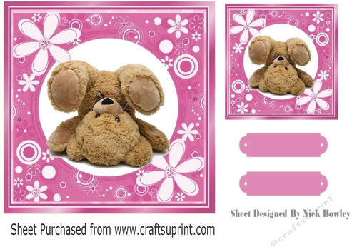 pink floral frame with upside down bear 7x7