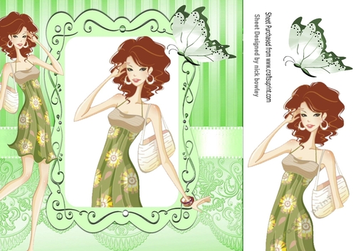 Lovely trendy girl in ornate green frame with butterfly 8x8