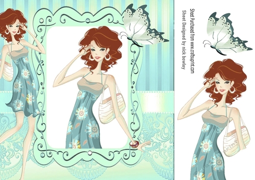 Lovely trendy girl in ornate blue frame with butterfly 8x8