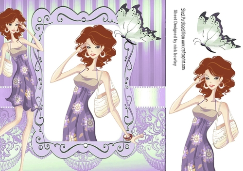 Lovely trendy girl in ornate lilac frame with butterfly 8x8
