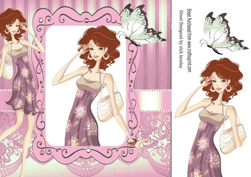 Lovely trendy girl in ornate pink frame with butterfly 8x8