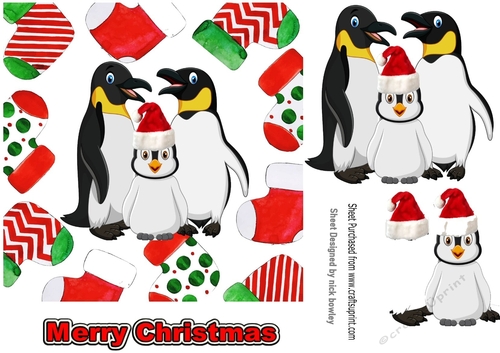 Cute penguin family in red  santa hat in christmas sock frames 7x7