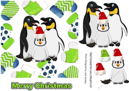 Cute penguin family in red/green  santa hat in christmas sock frames 7x7