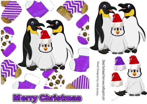 Cute penguin family in red/purple  santa hat in christmas sock frames 7x7