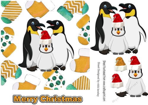 Cute penguin family in red/gold  santa hat in christmas sock frames 7x7