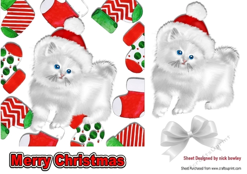 Cute white kitty in santa hat in christmas sock frame 7x7