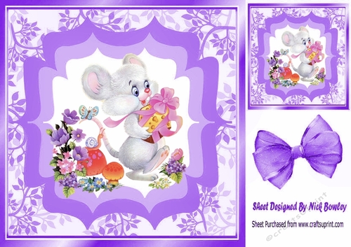 Cute little mouse with flowers and gift 8x8 purple