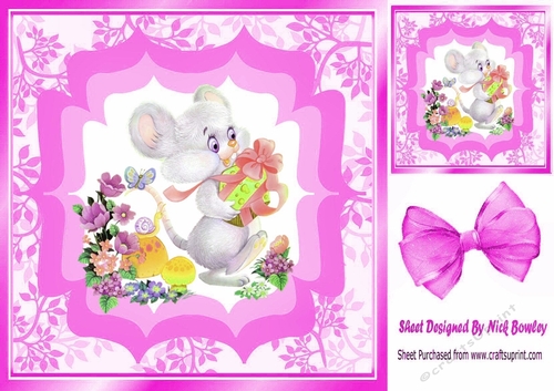 Cute little mouse with flowers and gift 8x8 pink