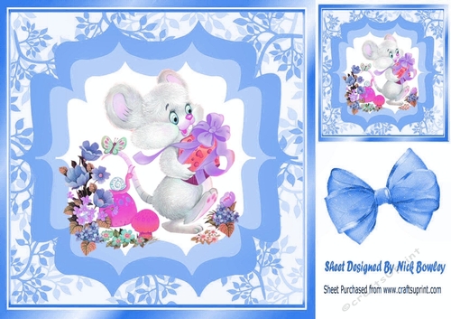 Cute little mouse with flowers and gift 8x8 blue