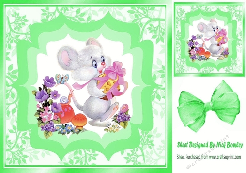 Cute little mouse with flowers and gift 8x8 green