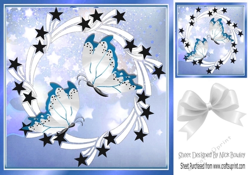 Pretty black stars in blue frame 8x8 card fronts with butterflies