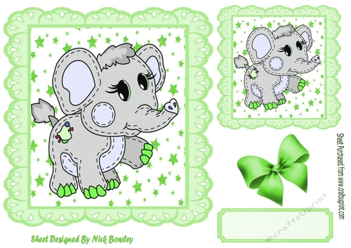 Cute stitched Elephant in green star frame 7x7